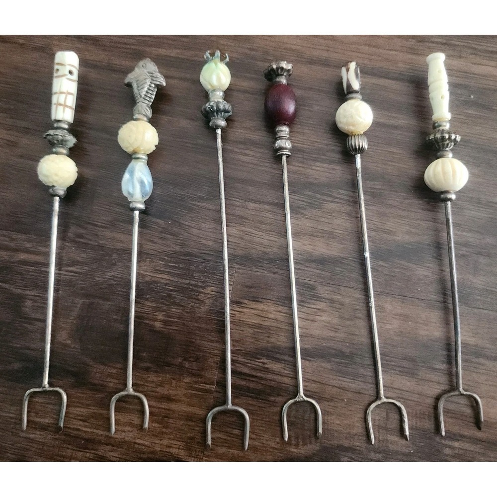 6 Vintage Carved Stone Beads Hors d'oeuvres Picks Forks Cocktail 5"